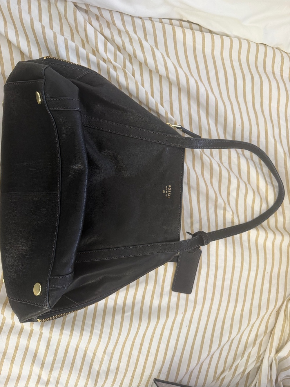 Fossil Black Leather Shoulder Tote with Gold Accents